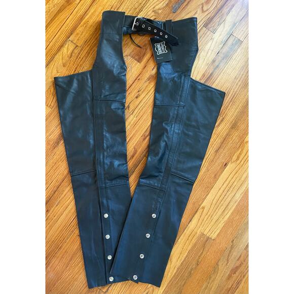 NWT Vintage Genuine Leather Brand Black Assless Chaps Motorcycle Biker Riding S - Picture 1 of 10
